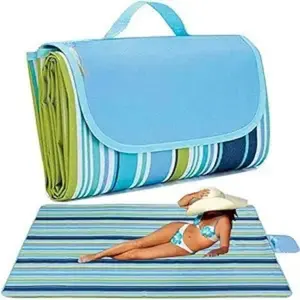 Large Picnic Blanket, Beach Blankets(80X60) Inch Sandproof Beach Mat for 3-5 Adults Waterproof Quick Drying Outdoor Picnic Mat for Travel Camping Park Lawn (Blue Stripes)