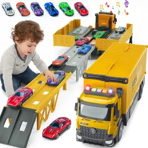 Container Truck Track Kids Toy Set Foldable Three-Tier Track Toy Car transport car Set Includes Sound Light Effects and 6 Die-Cast Cars for Christmas Easter Birthday 3 4 5 6 8+ Years Old Boys and Girls Gifts - Blue