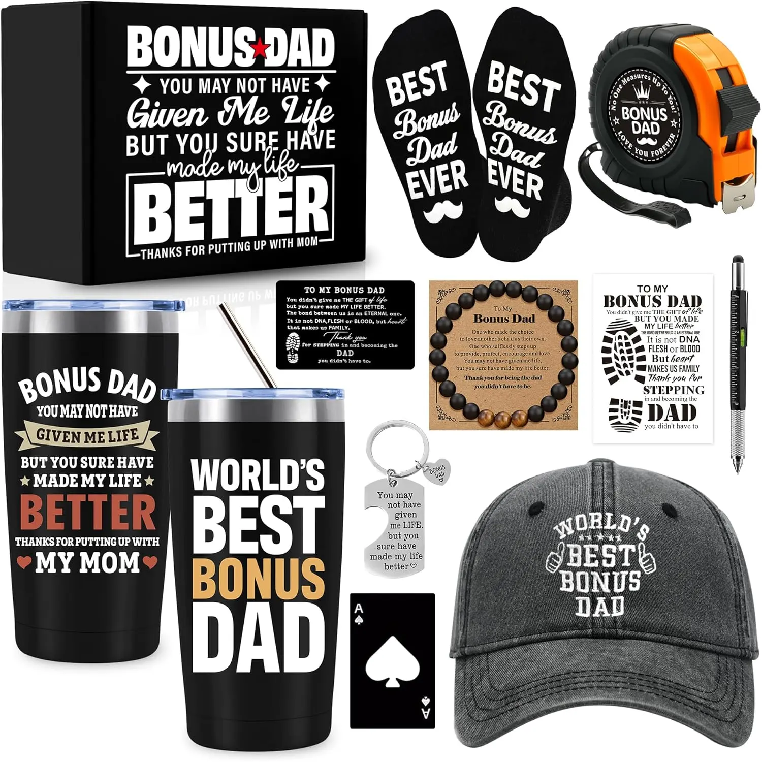 11 PCS Best Bonus Dad Ever Gifts with 20 Oz Tumbler Cap Tape Measure Bracelet Socks Pen, Step Dad Gifts for Christmas Birthday Father's Day Anniversary from Daughter Son