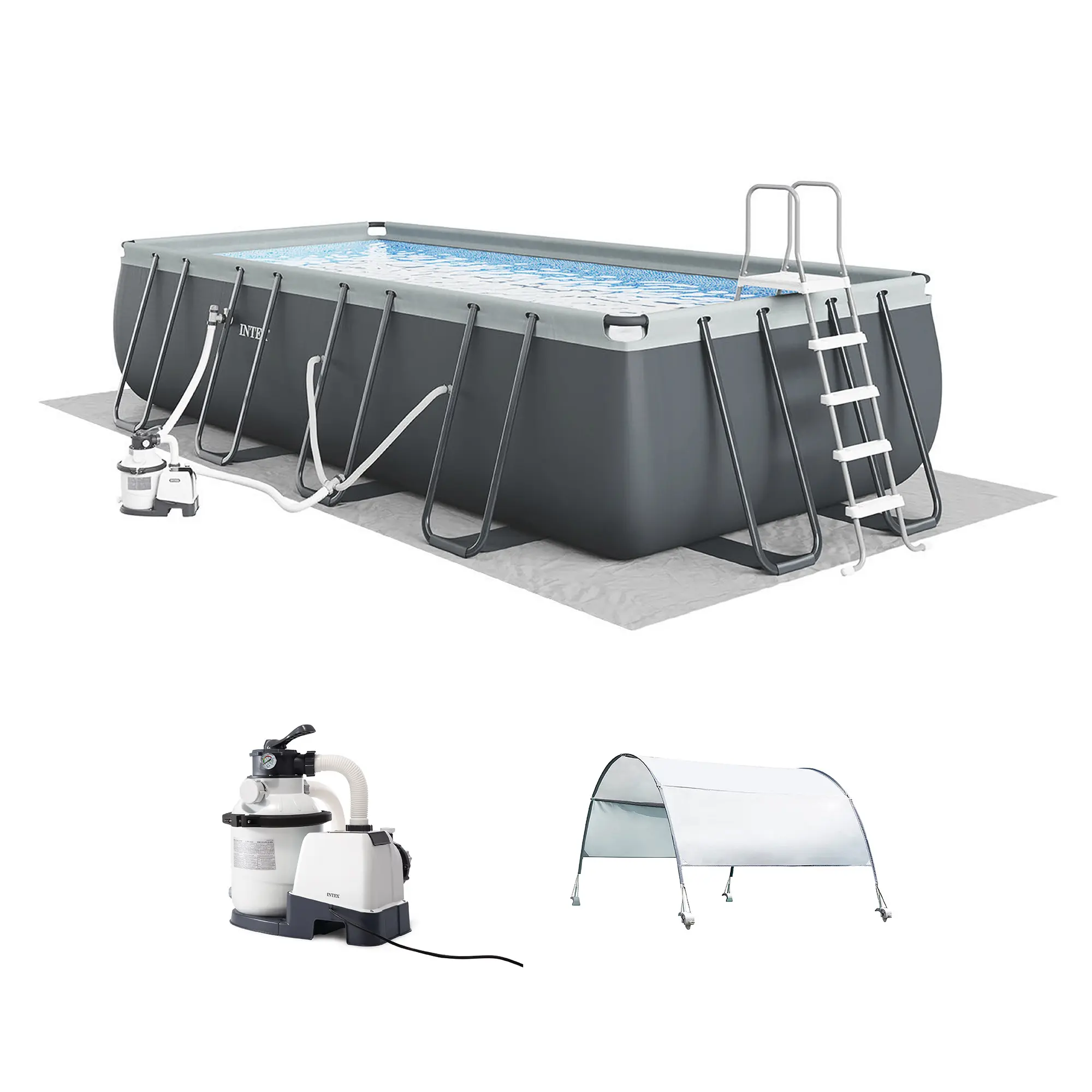 Intex 18 Foot by 52 Inch Ultra XTR Framed Above Ground Swimming Pool Set with Sand Filter Pump, Pool Cover and Ladder, Canopy, and Ground Cloth, Gray