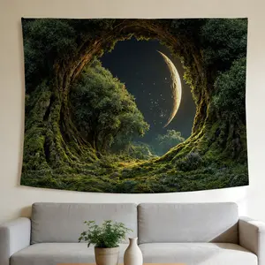 Moonlit Forest Tapestry Enchanted Woodland Mystical Nature Style Wall Hanging Suitable for Home Decor Valentine's Day Easter St.Patrick's Day Halloween Christmas and Other Festival Decorations.