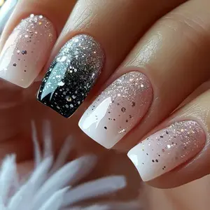 24pcs Short Square Gradient French Press-On Nails, Glitter Design, Glossy Finish, Reusable Nail Tips for Women, Daily Wear & Parties