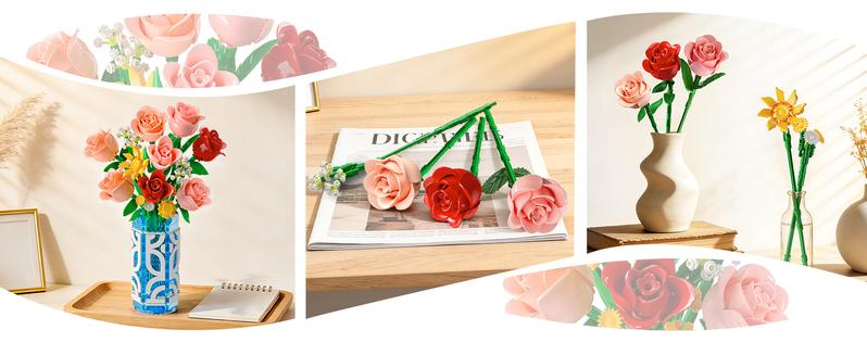 14 Flowers Bouquet Building Set with Vase and LED Light, Mother's Day 747 PCS Mini Roses Flower Botanical Building Blocks Toy, Birthday Gifts for Adults, Artificial Roses Flowers Home Decor