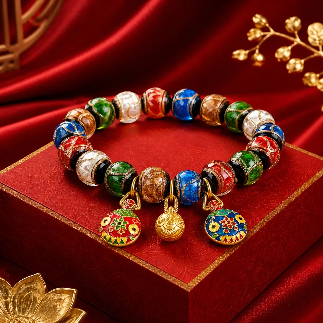 Lucky Beaded Charms Bracelets & Bangles - Colorful Bells Bracelets with Money-Eating Monster, Bead Meanings: Green-Career, Blue-Health, Yellow-Fortune, Red-Love, White-Achievement, Bells Bracelets & Bangles