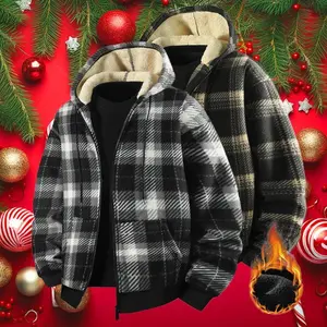 2025 New Men's Plaid Jacket Long Sleeve Hooded Fleece Lined Warm Casual Coat for Autumn & Winter Wear Medium Fit Checkered Pattern