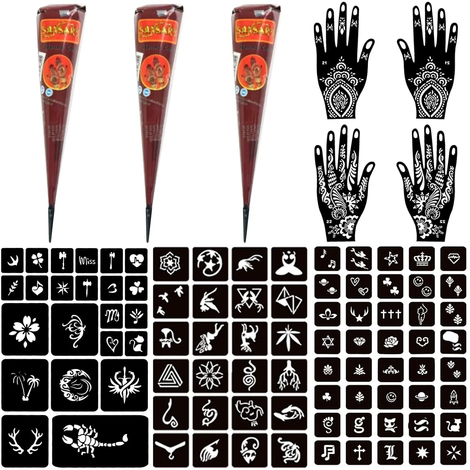 Temporary Henna Tattoo Kit with 3 Henna Cones & 101 Reusable Stencils DIY Body Art