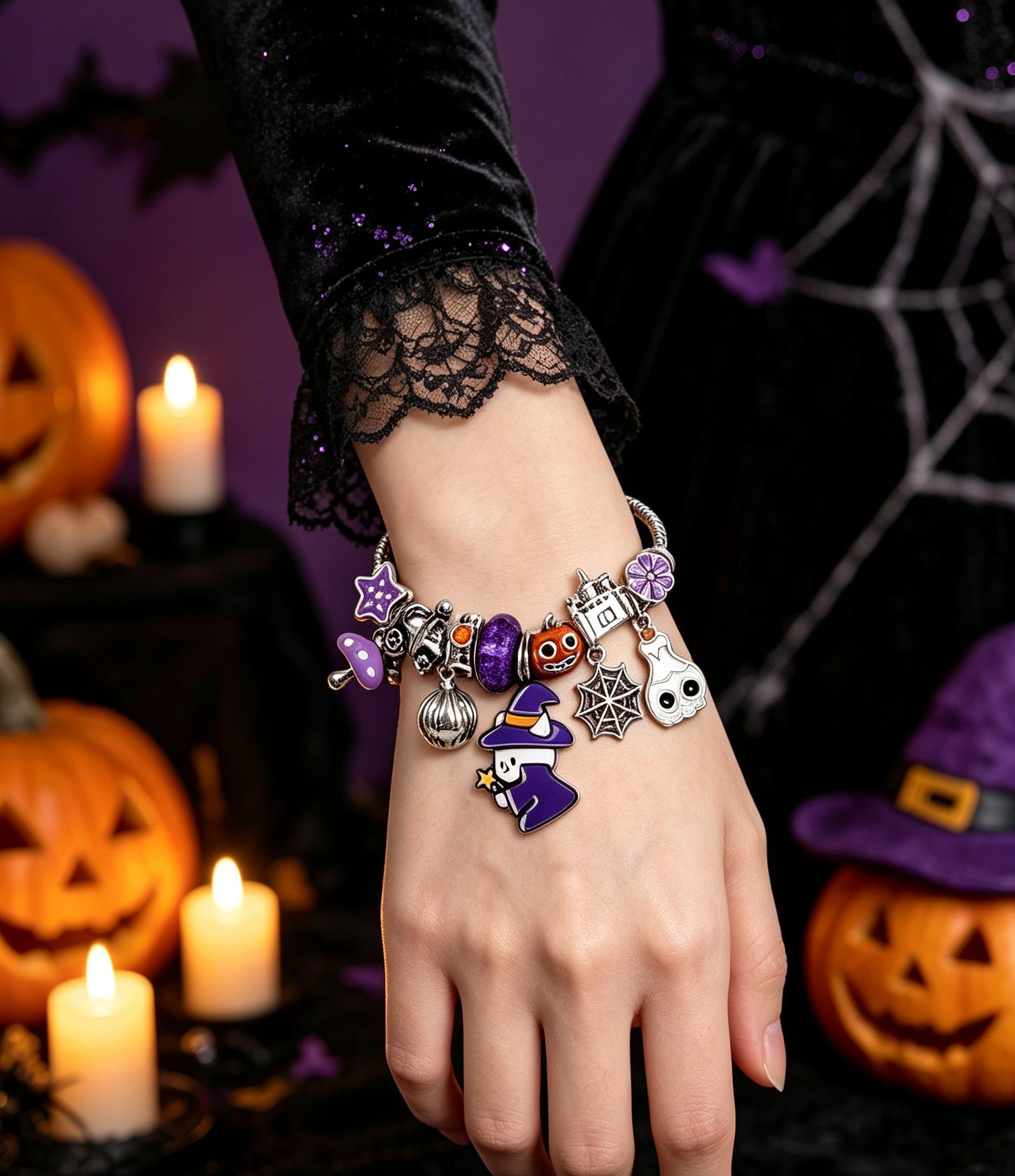 Halloween Witch Cat Charm Bracelet, Adjustable Silver Snake Chain Bangle with Pumpkin Ghost Spider Web Castle Purple Beads, Spooky Holiday Jewelry Gift for Women Teen Girls