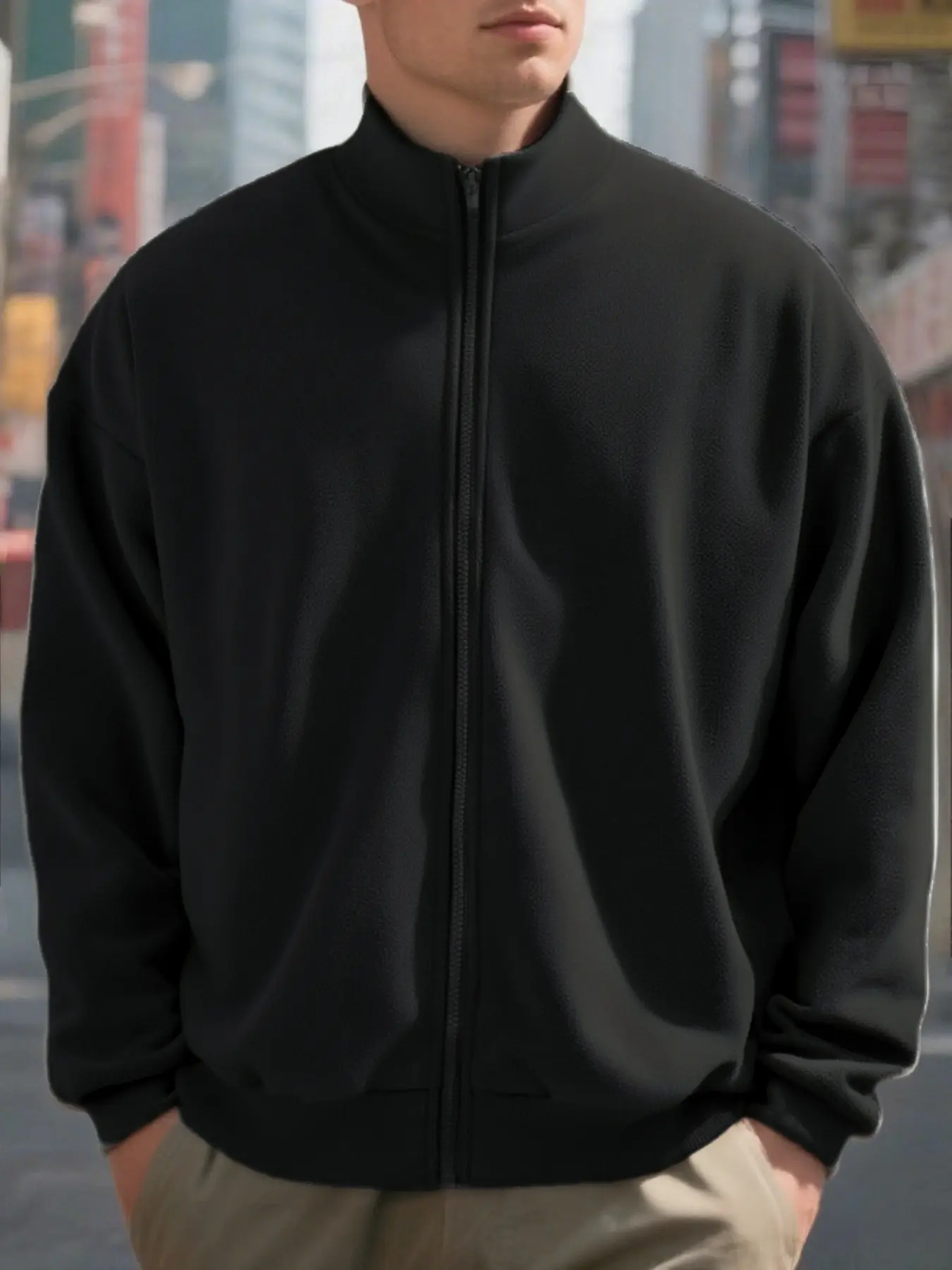 Men's Sherpa Fleece Jacket, Full-Zip Stand Collar Design, Soft Plush Texture for Winter Casual, Outdoor Activities & Daily Wear – Lightweight Warmth, Ribbed Cuffs/Hem, Loose Fit