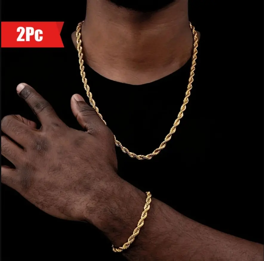 2PCS Men’s Hip Hop 4mm Chain Bracelet Necklace, European and American Style, Simple Hip Hop, Gold-Plated Twisted Rope Chain
