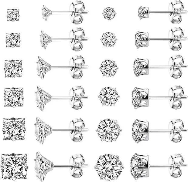 12 Pairs Stud Earrings Set Stud Earrings for Women Hypoallergenic Stainless Steel Stud Earrings Pack Men Earrings Stud with Cubic Zirconia - Home Improvement.