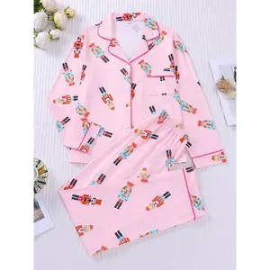 2-piece foundation make-up all over building blocks soldier long sleeved trousers soft and comfortable skin friendly smooth button closure top small pocket bow adjustable belt suitable for all seasons home uniform pajamas