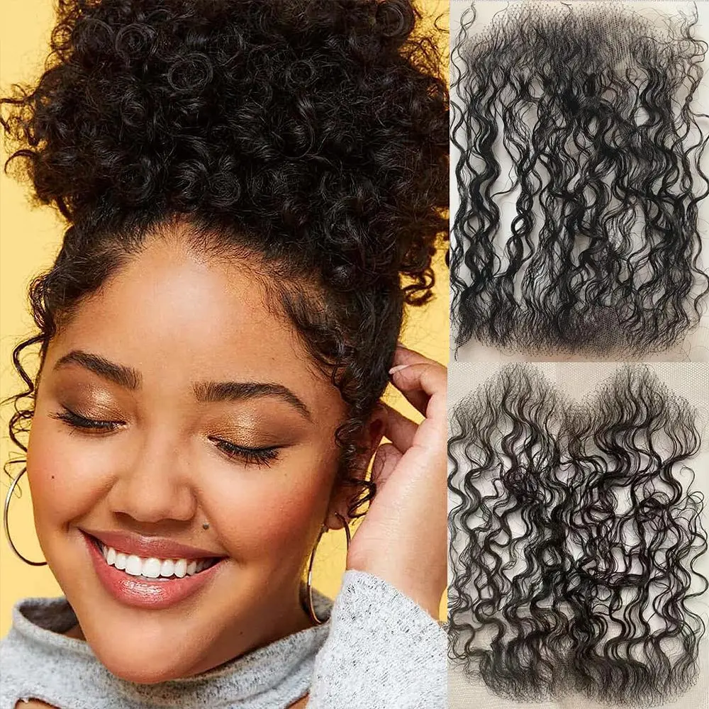 HD Swiss Lace Baby Hair Stripes Curly Human Hair Baby Hair Edge Reusable More Natural for Women Invisible Lace Hairline Black Color 4 Pcs Hair Pieces Extensions