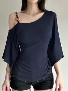 Elegant Beaded Asymmetrical Shoulder Flare Sleeve Top Blouse, Slim Fit Comfortable Fabric, Women's Fashion for Daily Commute and Casual