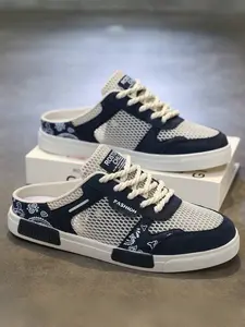 Plus Size Men's Green-Brown Paisley Mule Sneakers, Stylish Light & Breathable Style, Hollowed Mesh + Paisley Paneling + "FASHION" Logo, Breathable & Refreshing, Plus Size Friendly , Ideal for Plus Size Men's Summer Leisure & Light Outings