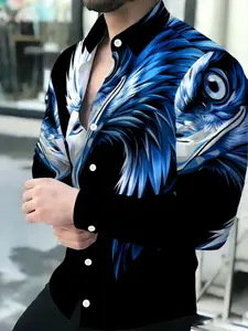 Black Base Blue Eagle Head Printed Men's Animal Shirt