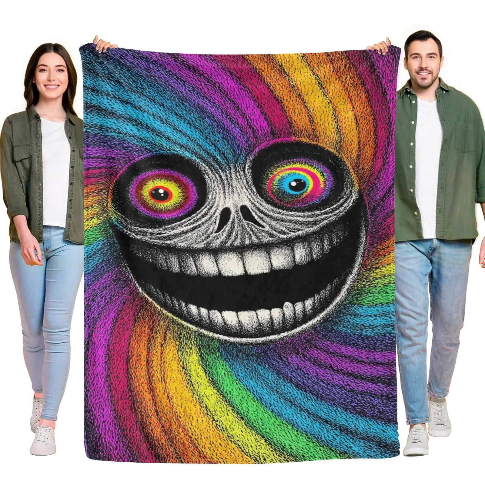 Trippy Rainbow Swirl Skeleton Psychedelic Art Flannel Throw Blanket, Weird Spooky Colorful Novelty Decor Blanket