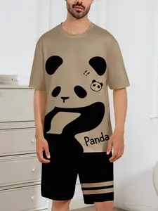 Men's Cartoon Panda Print Short Sleeve & Plaid Shorts Pajama Set, Casual Slim-Fitting Sleepwear, 2 Piece Set, Comfortable Nightwear