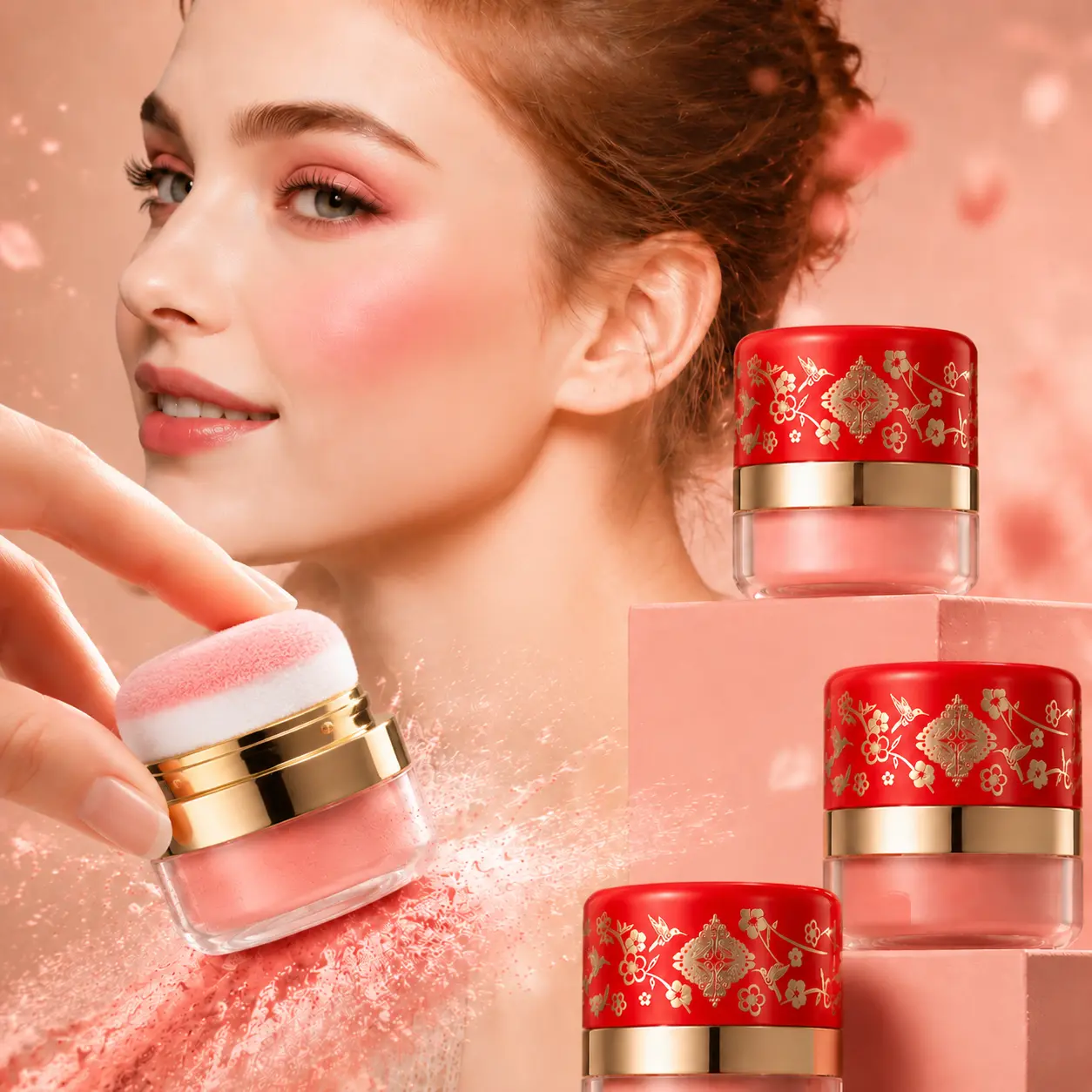 Vintage 3-Shade Compact Blush Palette Cosmetic Kit - Small Size, Portable with Mirror, Quick Apply for On-the-Go Face Touch-Up, Natural Brightening Finish in Jar, Ideal Valentine's Day Gift for Makeup Beginners, Stamp, Natural Look, For Her