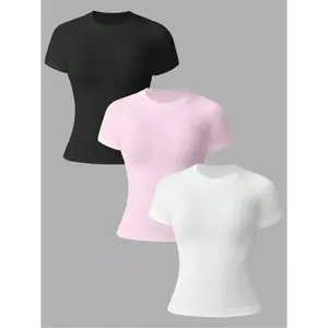 Sports oriented women's solid round neck sports T-shirt, gym yoga top, breathable and comfortable short sleeved T-shirt for yoga and gym exercise, all season women's sportswearRAIMENTRY