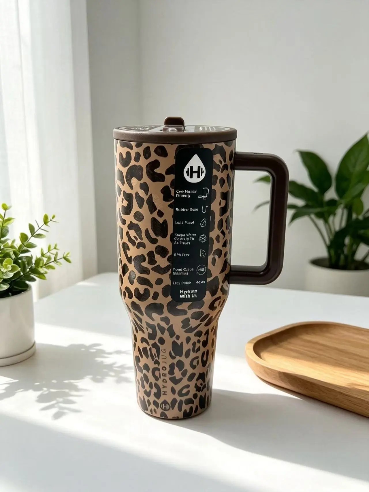 40oz Insulated Stainless Steel Water Bottle - Sporty Chic Casual Modern Insulated Flask with Cheetah Print Handle, Large Capacity Washable Reusable Portable Drinkware for Gym/Travel, Stylish Default Kitchenware Tumbler