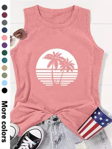 Women's Coconut Tree Print Round Neck Tank Top, Lounge Tank Top, Graphic Top, Casual Sleeveless Top for Beach Vacation Holiday, Ladies Clothes for All Seasons