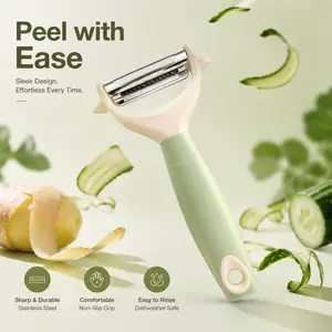 Kitchen gadgets: plastic handle strainer spoon, cucumber peeler, popsicle scoop, stainless steel vegetable/fruit peeler, corn filtering mesh, in stock; stainless steel strainer spoon for home use, soy milk filtering mesh, baby food juice straining spoon,