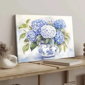 1Count Wooden Frame Canvas, Elegant Blue And White Hydrangeas Still Life, Watercolor Floral Design, Exquisite Poster, Fashion Bedroom Decoration, Modern Art Home Poster, Waterproof High Definition Printing, Ideal Gift, Art