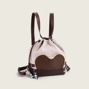 1pc Drawstring Small Backpack Bucket Bag, Heart Patchwork Design for Women Girls, Casual Travel, Classic Style Mini Rucksack, Trendy Fashion Accessory