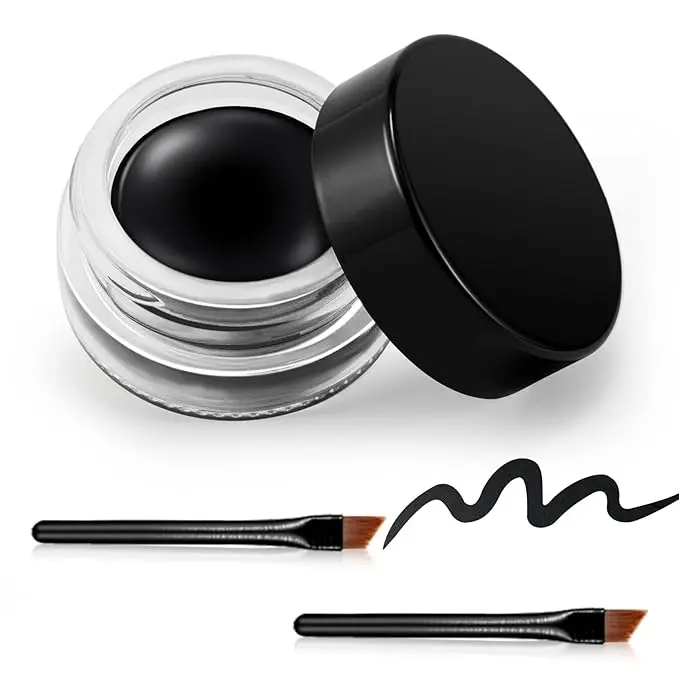 Black Gel Eyeliner, Waterproof Cream Eyeliner Gel Pot, High-Intensity Pigments Long Lasting Smudge Proof Eye Liner Eyebrow Makeup, Waterline Matte Eye Liner with 2PCS Brushes, 02 Balck