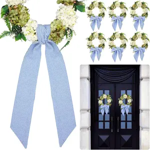 6 Pcs Patriotic Wreath Sash Bulk Spring Bow Wreath Sash Chinoiserie Summer Garland for Front Door Wedding Indoor Outdoor Kitchen Yard Party Decor 4.5" x 56" Blue Striped