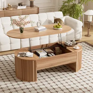 U-Can 47.2'' Lift Top Coffee Table - Partially Assembled Wooden Oval Center Table with Hidden Compartment for Home Living Room