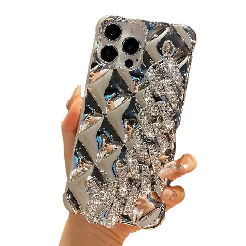 Suitable for Apple 15 phone case, electroplated Chanel-style rhinestone bracelet, iPhone 13/17 protective case, 14pro