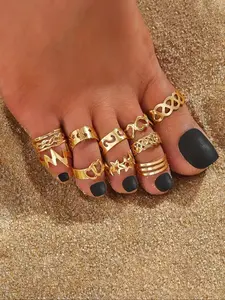 10 Pcs Vintage Fashion Durable Alloy Star Heart Design Toe Rings Set, Adjustable Fit Open Toe Jewelry, Beach Accessories, Summer Vacation Essentials