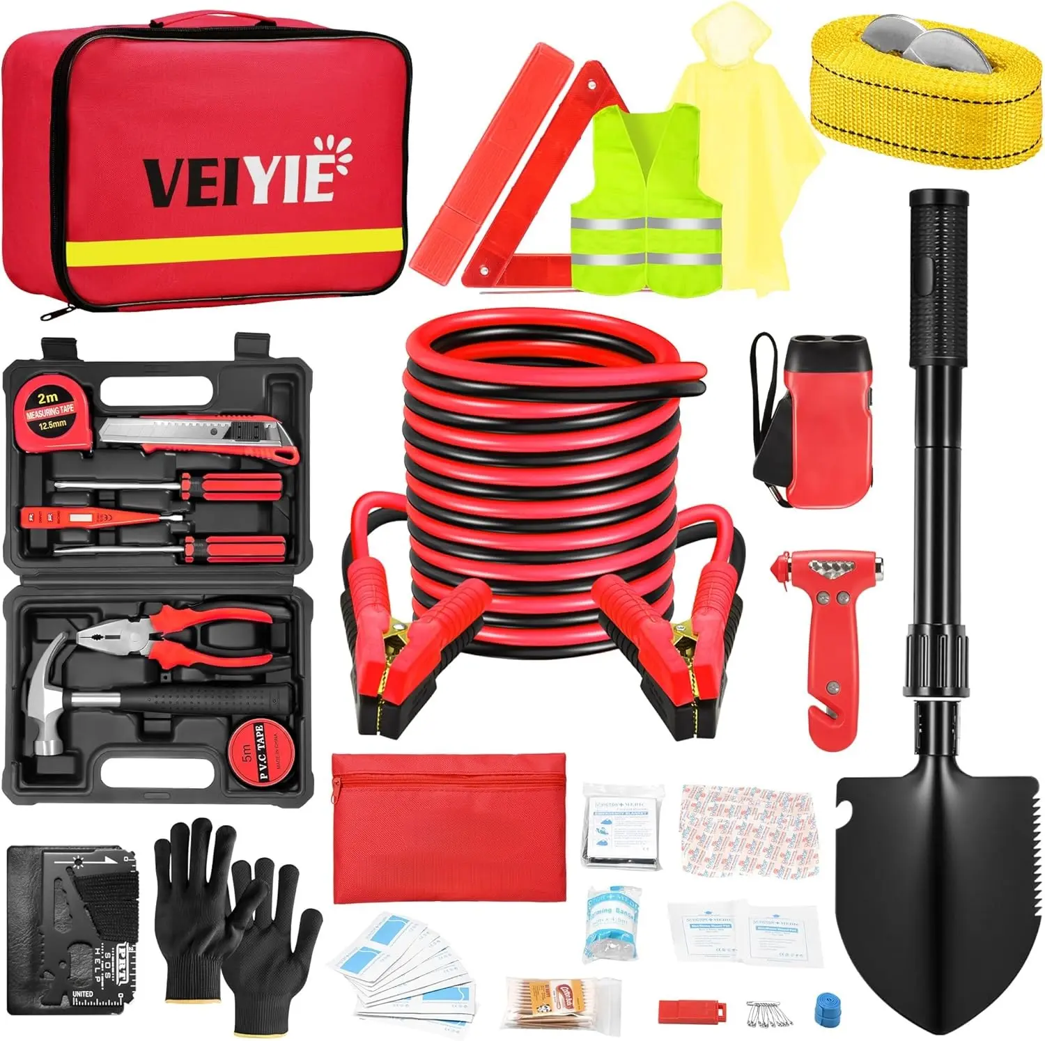 【summerfinds】Car Emergency Kit - Roadside Assistance Kit with 10FTJumper Cables, Tow Strap, Tool Kit, Reflective Warning Triangle, Road Trip Essentials, for New Drivers, Teens