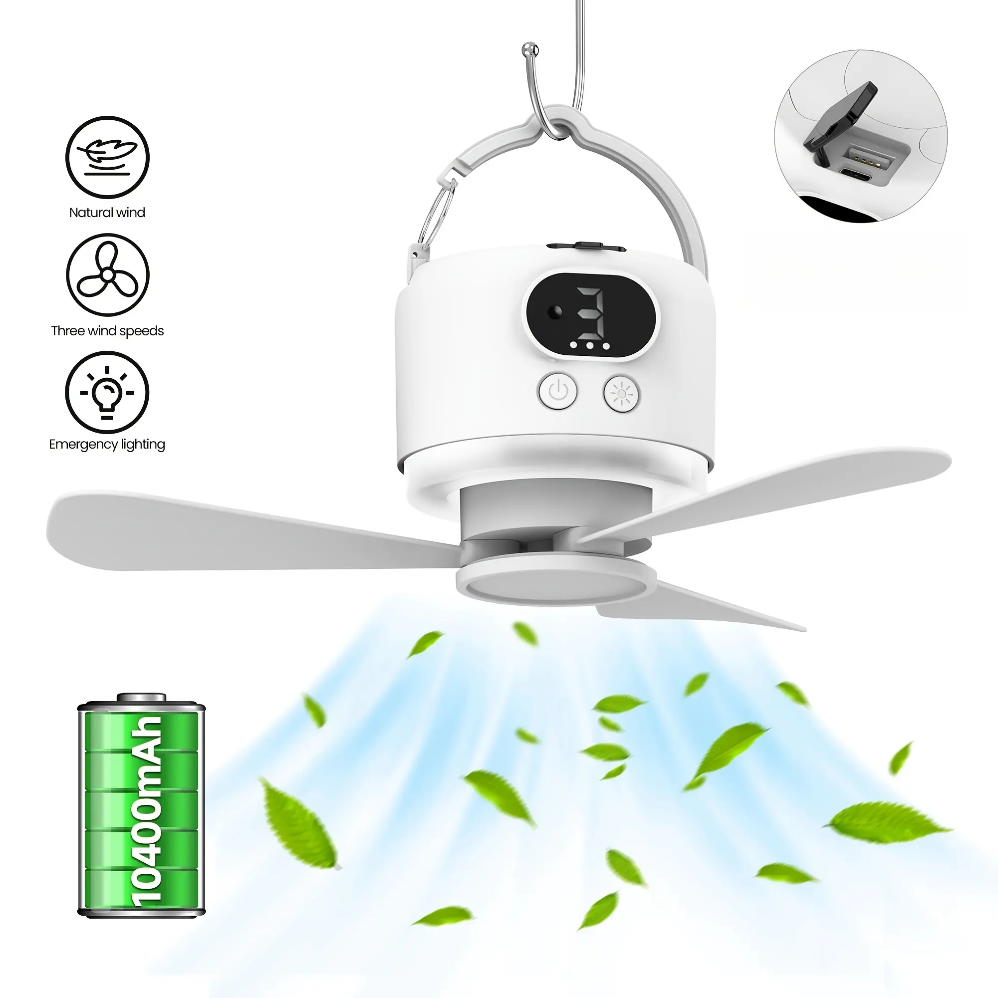 Portable Camping Ceiling Fan, 10400mAh, USB Rechargeable Tent Fan with Remote Control, LED Light, Detachable Blades, 4-Speed Settings