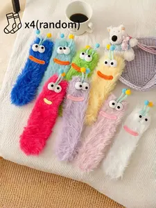 4 Pairs of Randomly Selected Women's Creative, Unique, Cute-Ugly/Funny Plush Warm Cartoon-Face Decorated Mid-Calf Socks Christmas Gifts, Perfect for Fall/Winter Casual Wear, Casual Stylish Socks