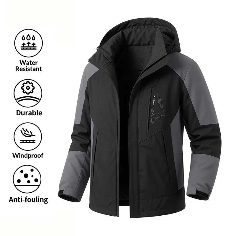 Men’s waterproof, windproof hooded jacket with color-block design—durable, anti-fouling outdoor hiking work coat for camping and casual everyday wear Menswear Tops