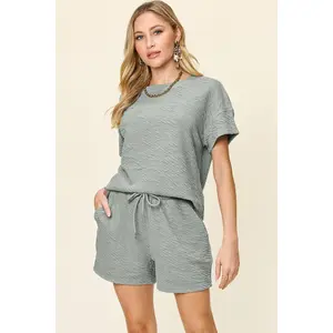 Tinya Double Take Full Size Texture Short Sleeve T-Shirt and Drawstring Shorts Set