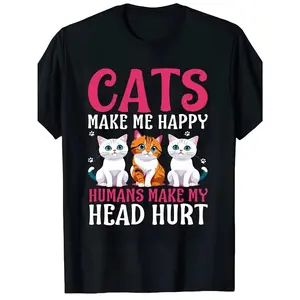 Cats Make Me Happy Humans Cat T-Shirt Fashion Timeless Treasure Women's Printed T-Shirts for All Seasons