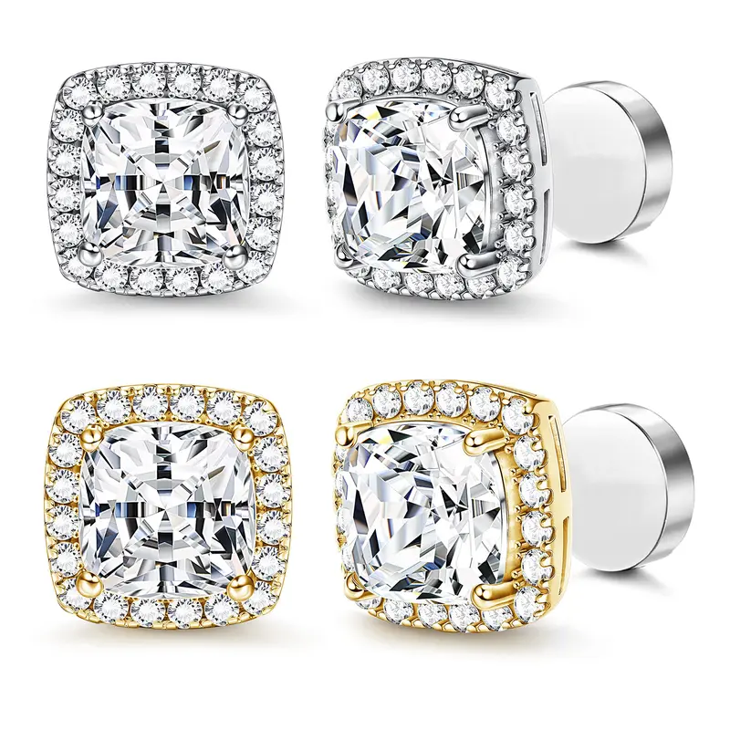 8 Pairs Stainless Steel Stud Earrings For Men, Square Cubic Zirconia Earrings - 36
