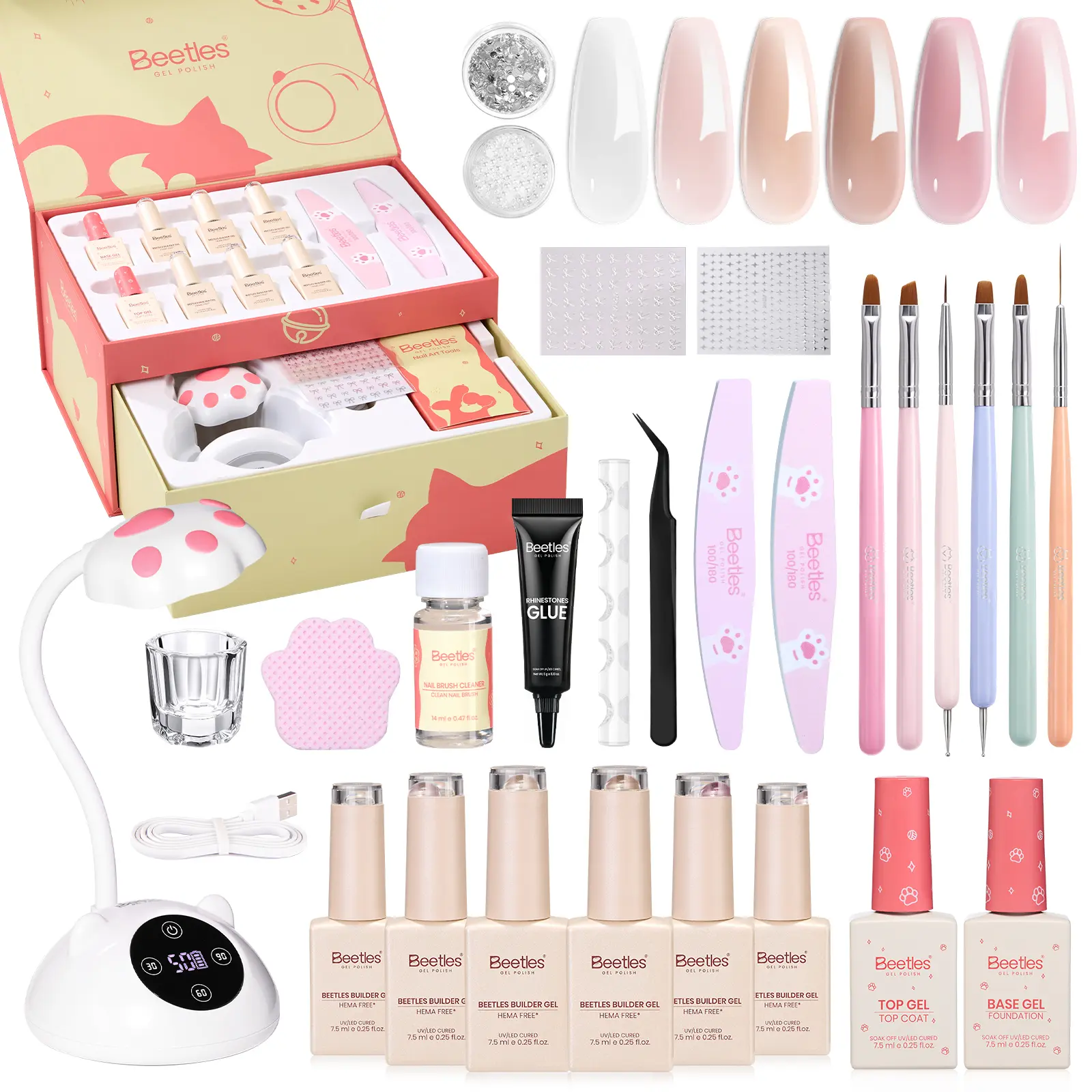 Beetles Builder Nail Gel Kit, 6 Colors Gel Builder for Nail TPO & HEMA-FREE | with UV & LED Nail Lamp, Base Top Coat for Building Instant Apex Strengthening and Extension, Beginner Friendly DIY at Home