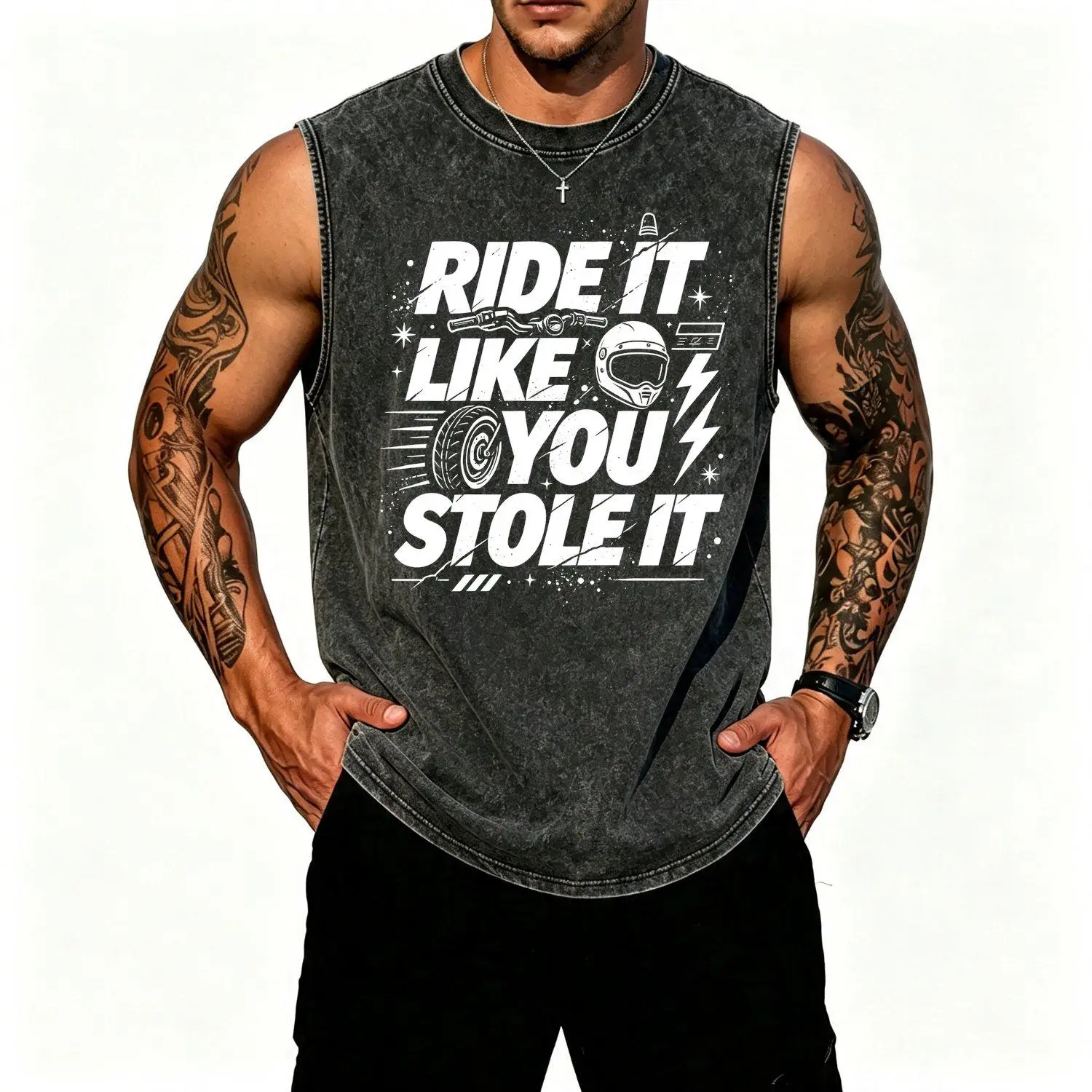 Ride It Like You Stole It Motorcycle Vest Biker Graphic Vest For Motorbike Helmet Wheel Retro Distressed Print Funny Biker Gift For Motorcycle Enthusiasts Vintage Style Outerwear