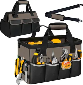 Portable Tool Bag Organizer, Heavy Duty Tool Tote with Wide Mouth & Adjustable Shoulder Strap, Large Capacity Tool Storage for Mechanics & DIY (Coffee & Black)