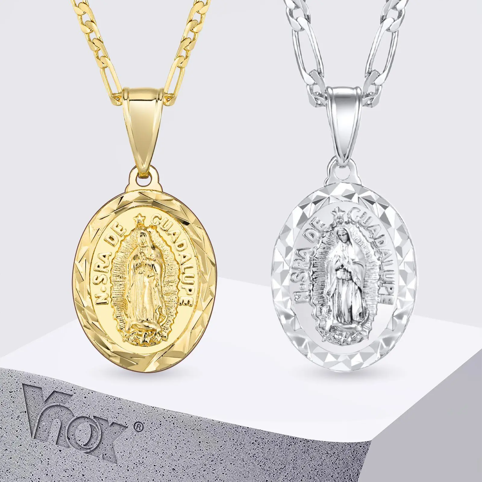 Vnox Virgin Mary Necklace for Men Women, Copper 14K Gold Plated Catholicism Oval Pendant with Figaro Chain, Faith Prayer Jewelry
