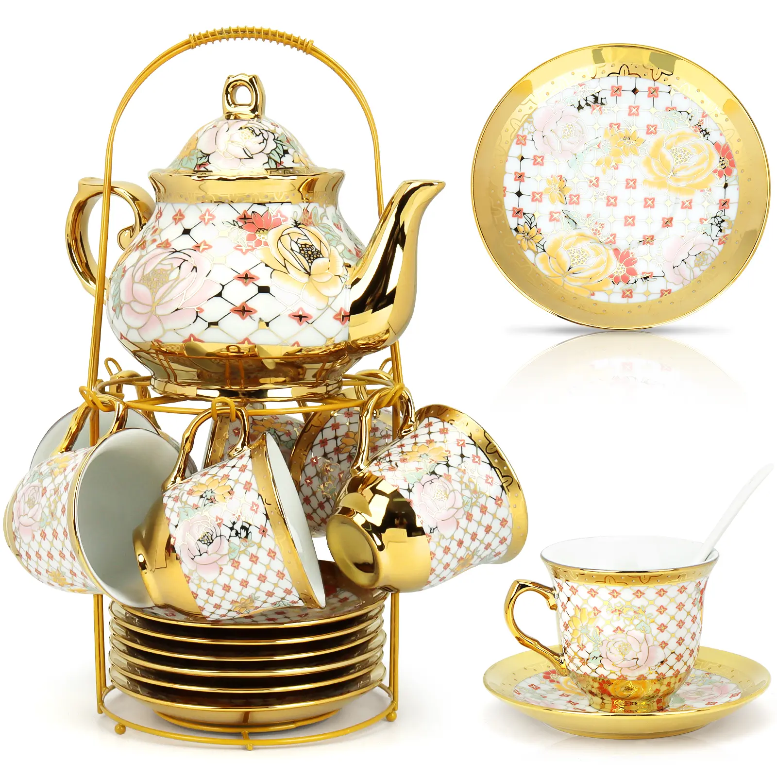 20 Pcs Porcelain Tea Set with Metal Holder and Spoon Adult Ceramic Tea Party Set European Flower Painting Teapot Cup Saucer Spoon Set for Women, Large Version