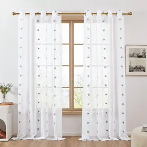 2 piezas de cortinas semitransparentes con bordado de pentagrama y ojales - Uso para todas las estaciones, cortinas elegantes que filtran la luz para el dormitorio y la sala de estar