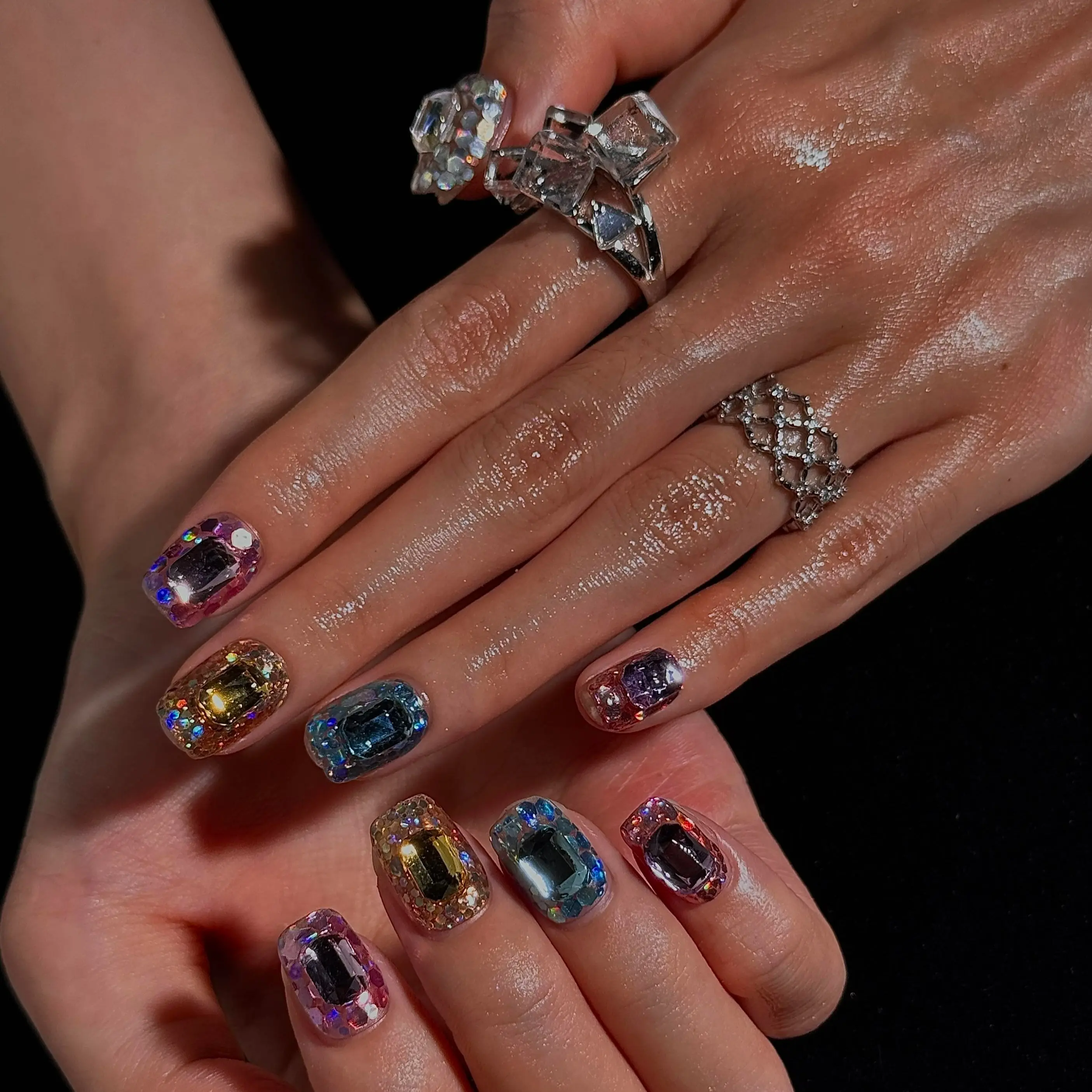 (17AM00#) Handmade Press-On Nails | Reusable, Salon-Quality, Long-Lasting, Glossy Design, Crystal Rhinestone Nude Blue Party Set
