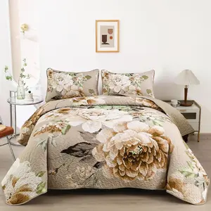 Floral Quilt Set ,Khaki Lightweight Botanical Printed Bedspreads 3 count Taupe Reversible  Set for All Season,Soft Microfiber Coverlet Set with 2 Pillow Shams
