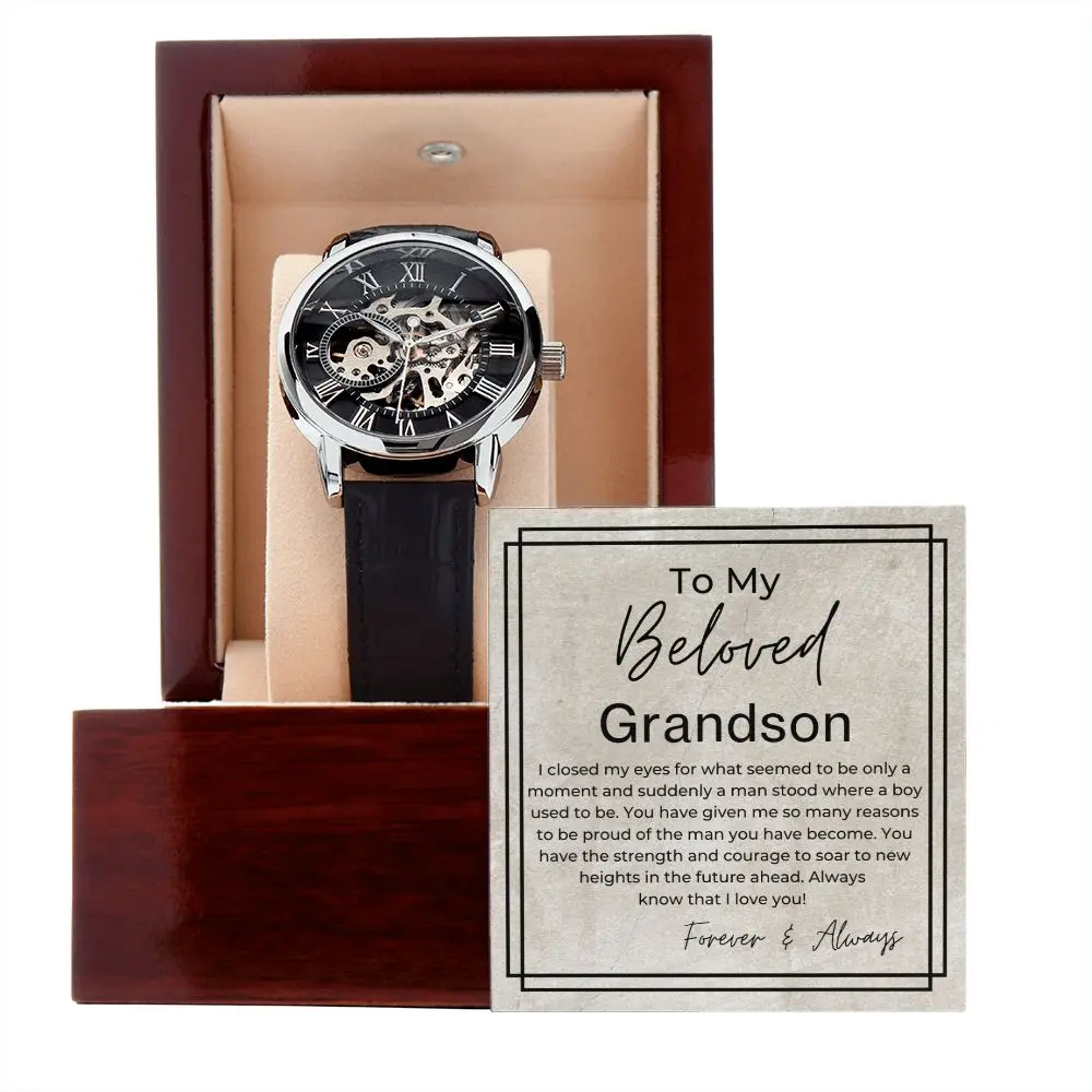 Men's Automatic Self-Winding Openwork Skeleton Watch with Genuine Black Leather Band, Mineral Glass, Water Resistant Classic Male Timepiece - Sentimental Gift for Grandson in Luxury LED Box
