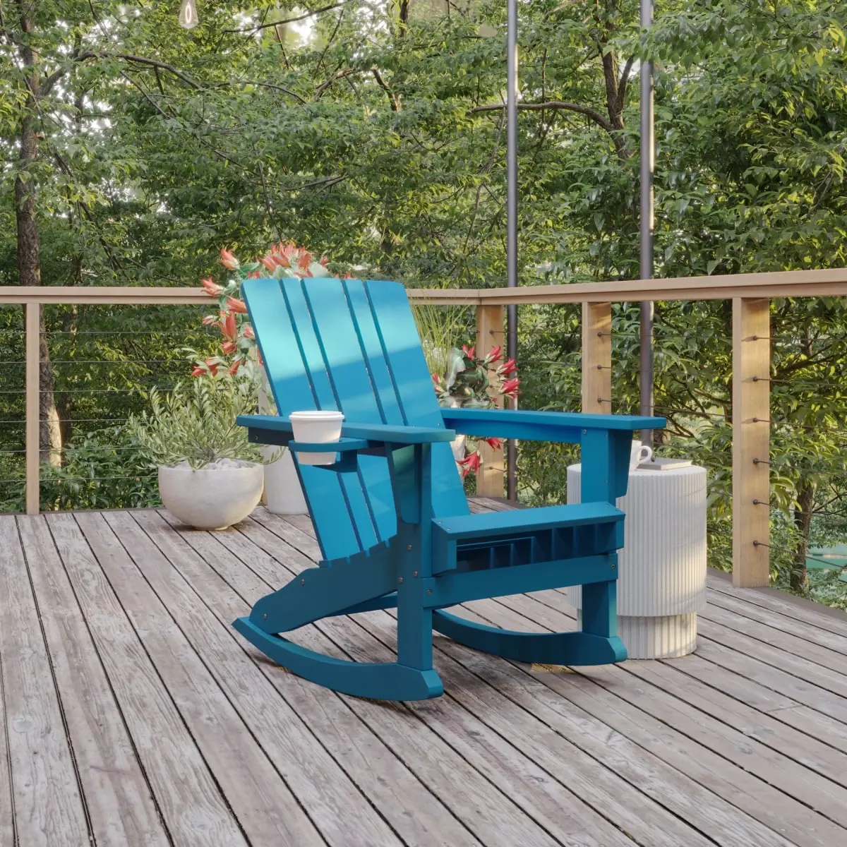 Flash Furniture LE-HMP-1045-31-BL-GG Halifax Adirondack Rocking Chair with Cup Holder, Weather Resistant HDPE Adirondack Rocking Chair in Blue